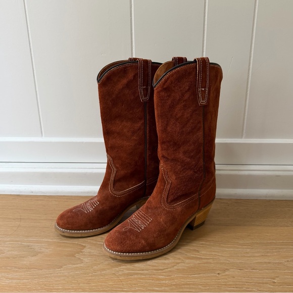 Shoes - Vintage Rust Suede Cowboy Boots - Western Pull-On